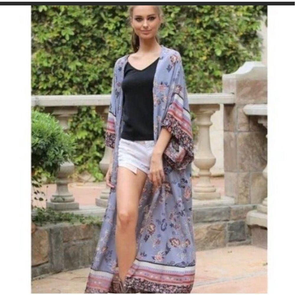 Kimono Duster Womans Open Front Periwinkle Blue Floral Print Size Small Angies's